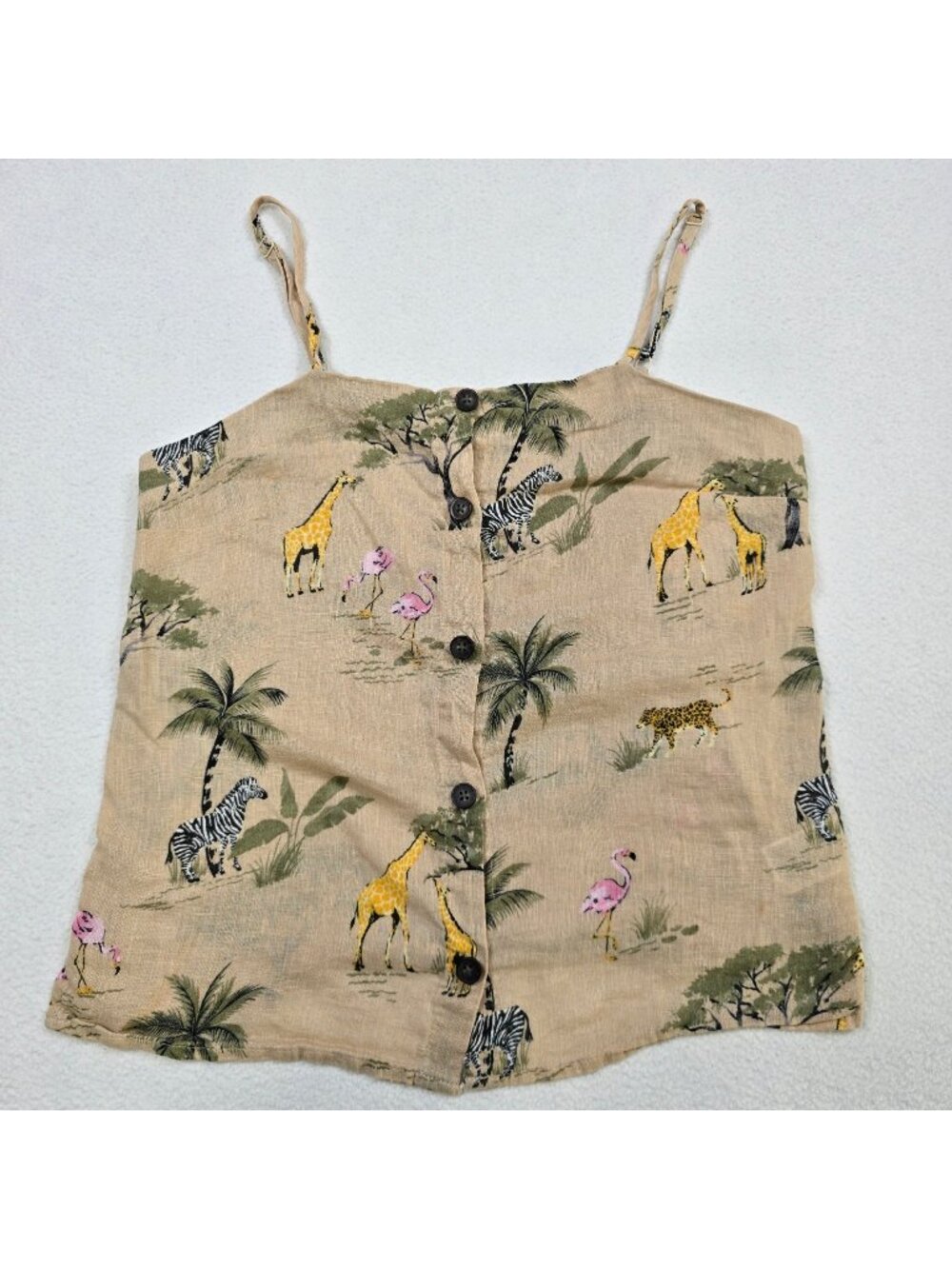 Old Navy S Button-Up Beige Tank Top Safari Animal Print Linen/Cotton Blend